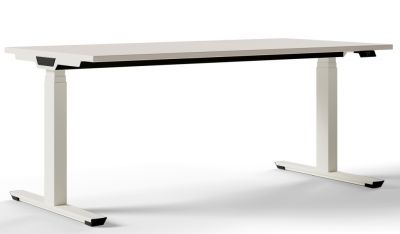 Weißer, höhenverstellbarer Schreibtisch von Palmberg, Modell Crew T, für ergonomisches Arbeiten im Büro.